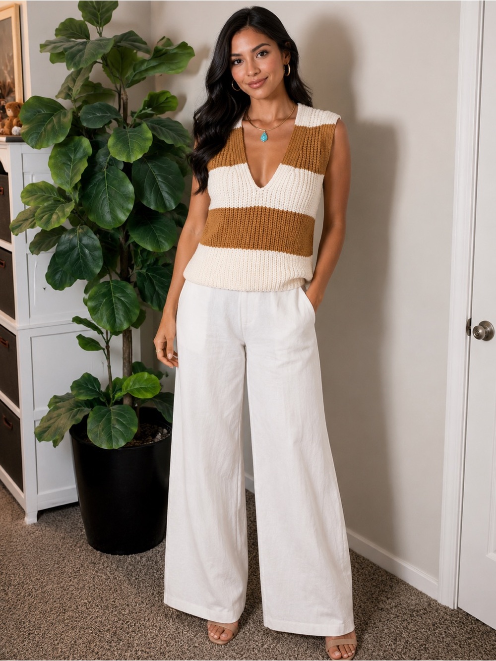 Boutique Cream and Camel Striped Knit Top